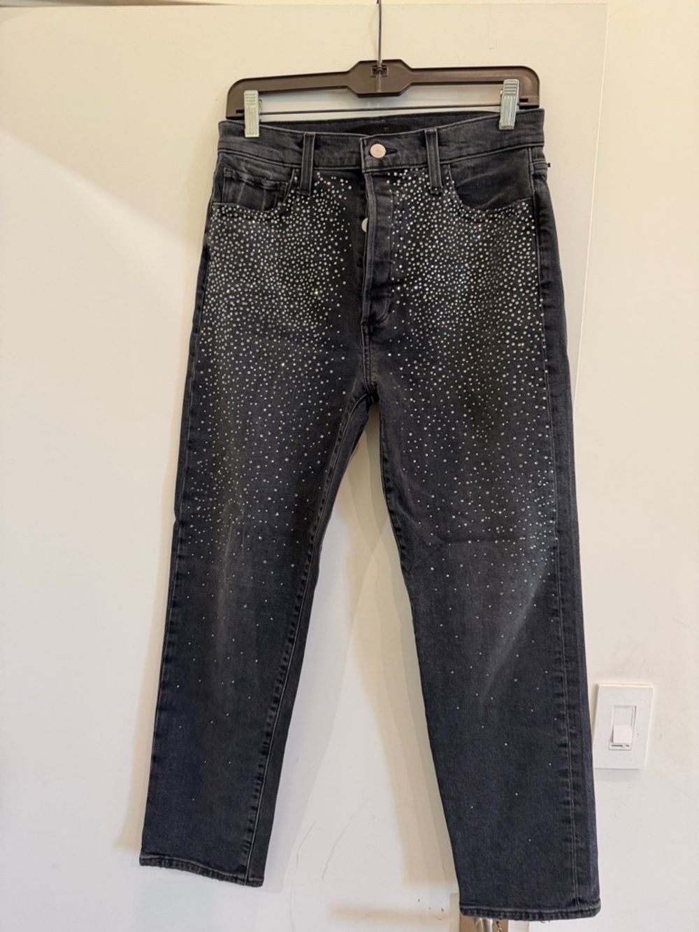 High-Rise Black Jeans with Embellished Crystal Detail  size 26